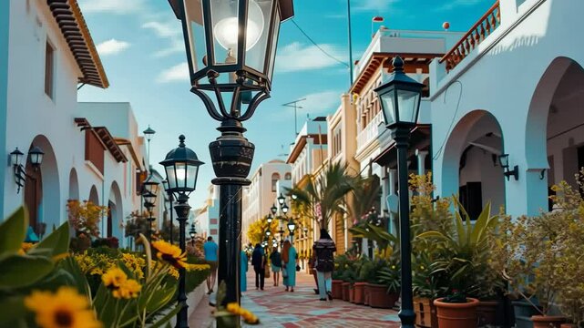 Stroll a vibrant street with colorful lamp posts, lush plants, and cheerful flowers while others enjoy the lively atmosphere