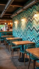 Fototapeta premium Empty urban cafe with chevron pattern walls and modern seating