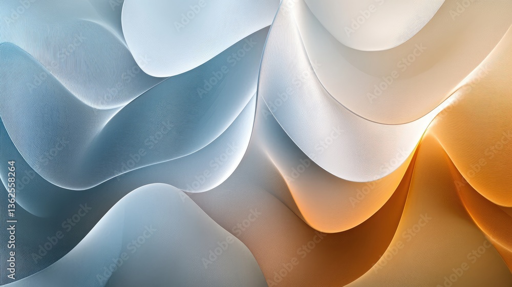 Poster abstract waves in soft tones of blue, white, and orange capturing fluidity and motion in modern desi