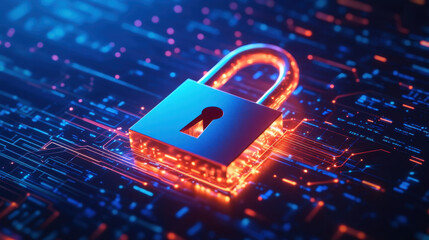 high tech padlock symbolizes security and protection in digital environment, showcasing vibrant colors and intricate circuitry. This evokes sense of safety and innovation