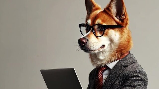 Studio portrait of intelligent corgi dog wearing glasses and formal business suit working on laptop against a plain background