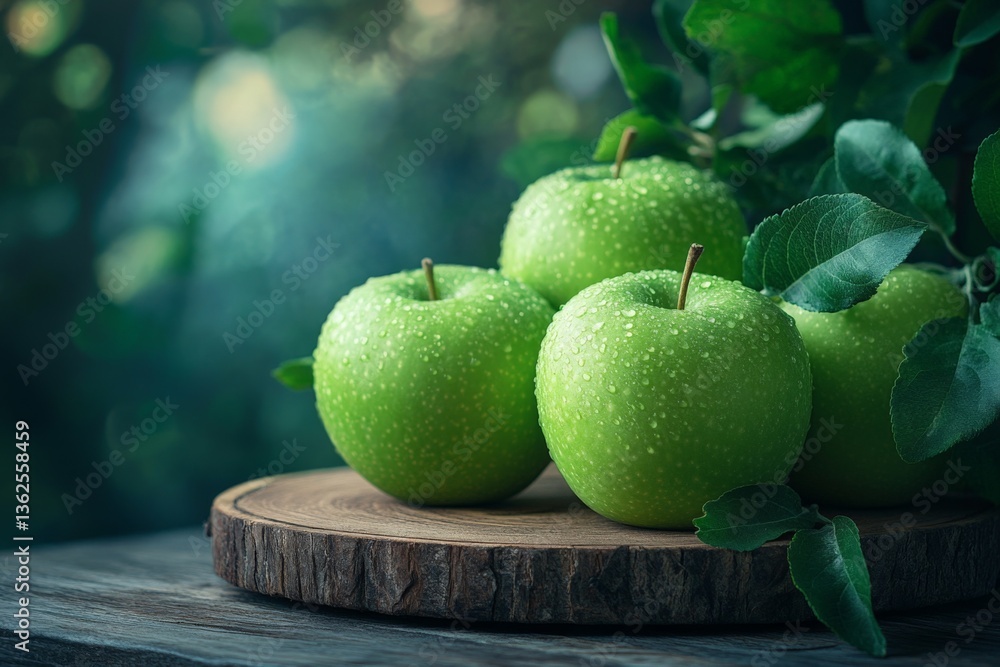 Poster fresh green apples glisten with dew on a wooden platter surrounded by lush foliage in a serene garde