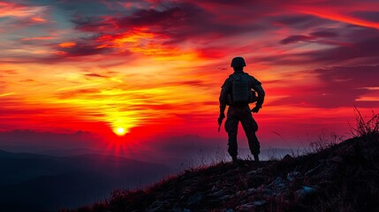 Obraz premium Silhouette of a Soldier Standing Guard at Majestic Sunset Over Mountains