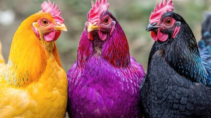 Fototapeta premium Trio of Colorful Chickens: A Vibrant Display of Poultry Beauty