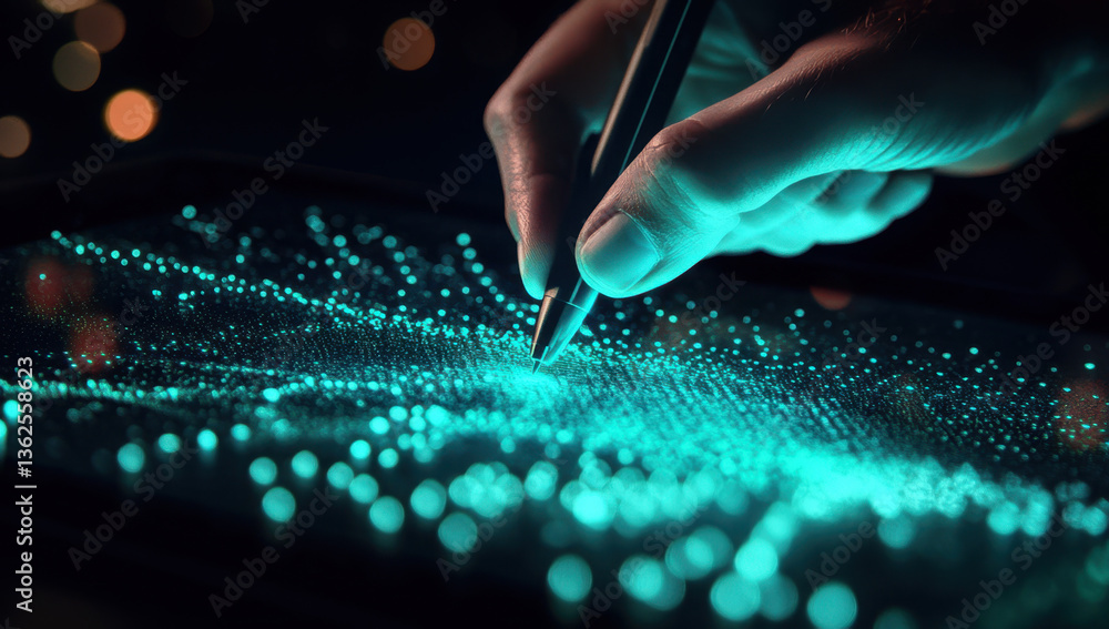 Poster a hand grips a pen, creating vibrant glowing data patterns on a tablet in a softly illuminated setti