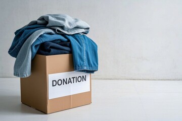 Cardboard Donation Box Filled with Blue Clothes Against Plain Wall