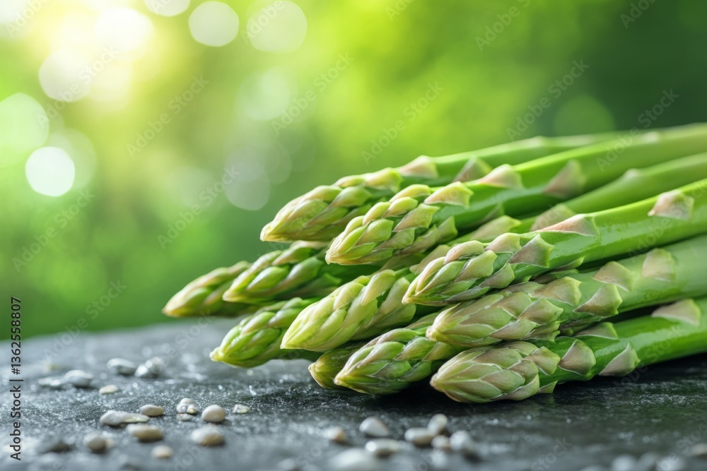 Aufkleber fresh asparagus spears resting on a black stone surface with a green blurred background in daylight