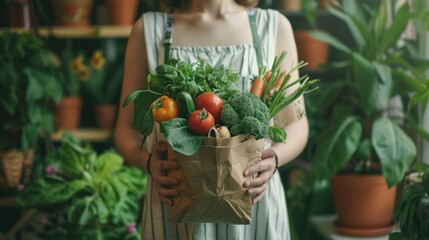 Organic, fresh, and vegan goods, vegetables, and market-to-door delivery in a brown paper bag. Woman with vegetarian food in hands 