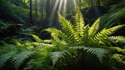 Fototapeta premium A vibrant green fern in a sunlit forest, showcasing nature's beauty and tranquility.