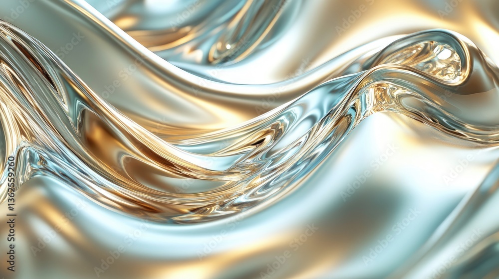 Poster flowing silk waves in soft light with metallic gold and silver tones creating a serene abstract back