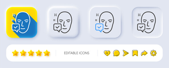 Face accepted line icon. Neumorphic, Flat shadow, 3d buttons. Access granted sign. Facial identification success symbol. Line face accepted icon. Social media icons. Vector