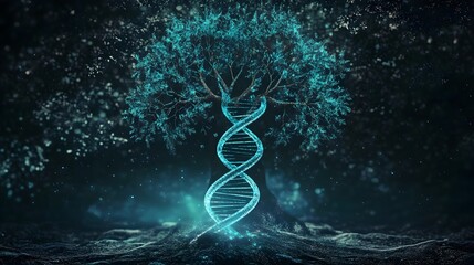 Modern company logo featuring a stylized DNA strand intertwined with a family tree. representing heritage, genealogy, ancestry, DNA research, family history, lineage, genetics, modern innovation.