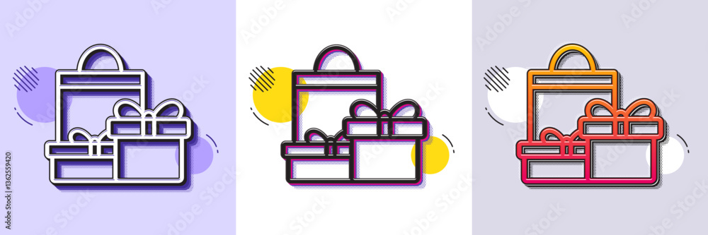 Poster gift boxes with bag line icon. halftone dotted pattern. gradient icon with grain shadow. present or 