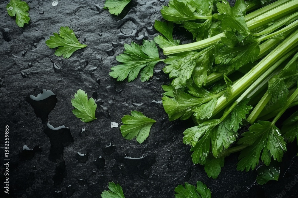 Poster fresh green celery with water droplets on a dark surface highlighting its crisp texture and vibrant 