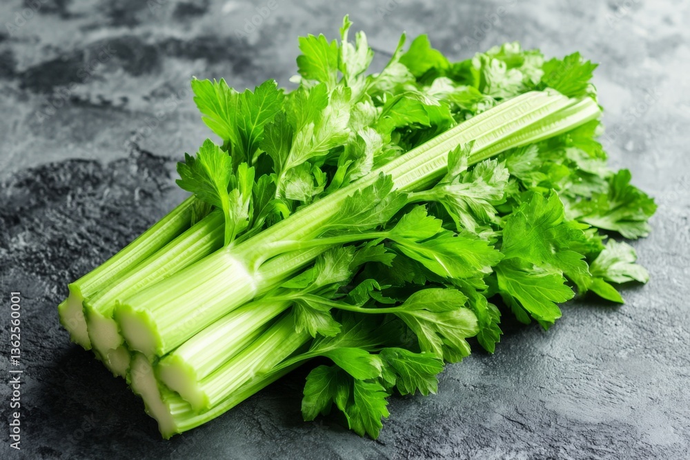 Poster fresh celery bundled together on a dark textured surface in a kitchen setting