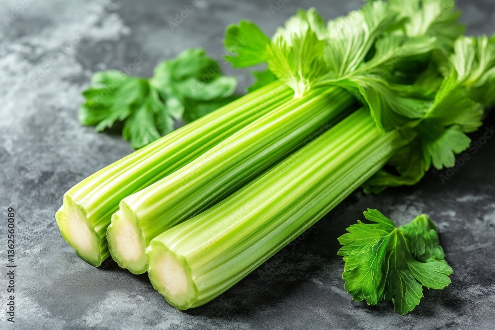 Poster fresh celery stalks on a kitchen counter with vibrant green leaves showcasing natural texture and co