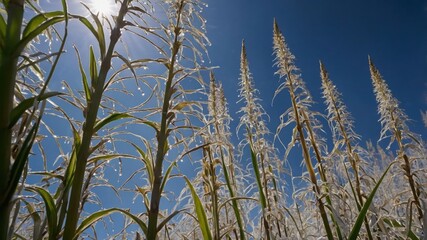 Obraz premium Tall grass-like plants glisten under sunlight against a clear blue sky.