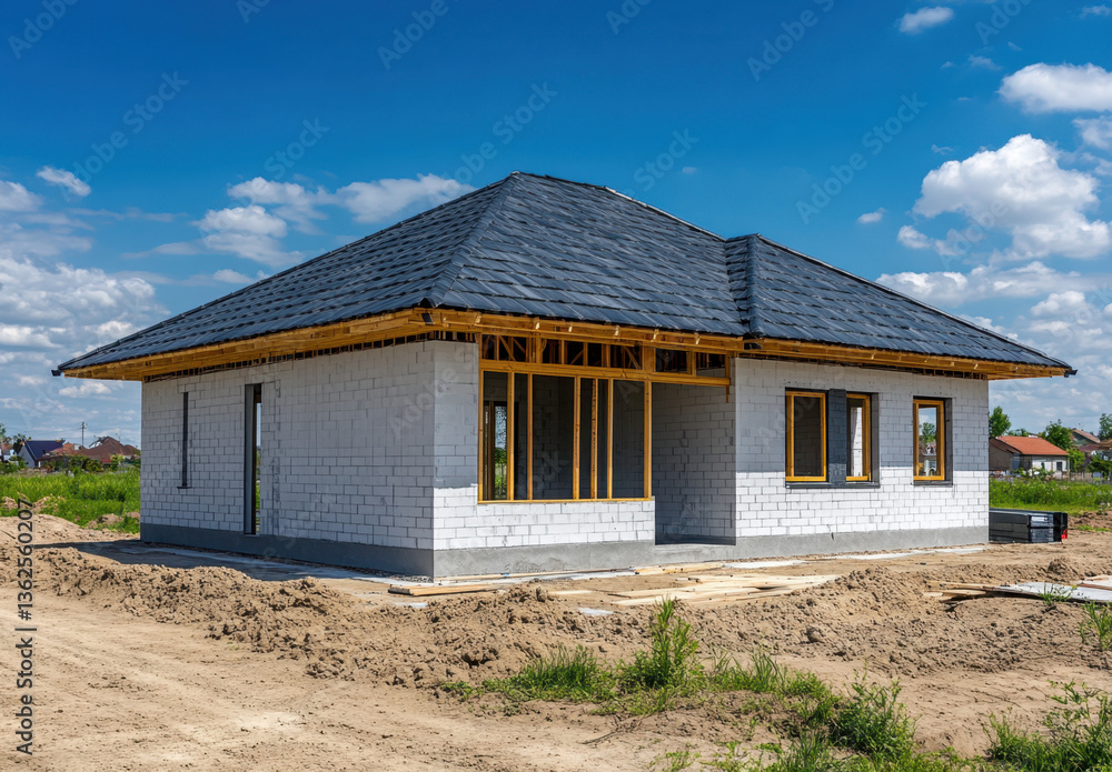 Aufkleber new house built with white concrete blocks and a black roof is in a construction phase in an open ar
