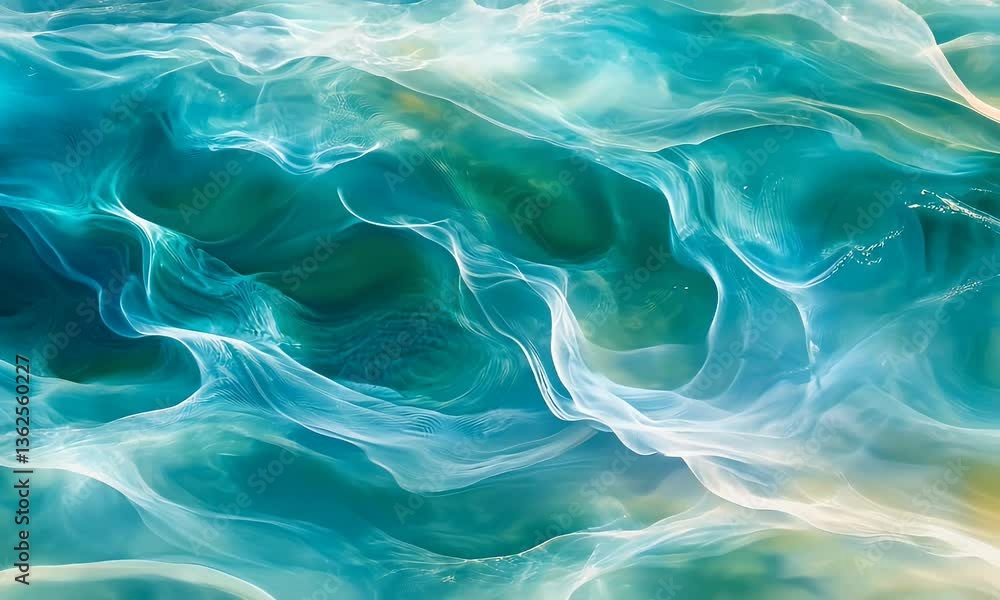 Poster abstract fluid forms in shades of blue and turquoise creating water-like effect