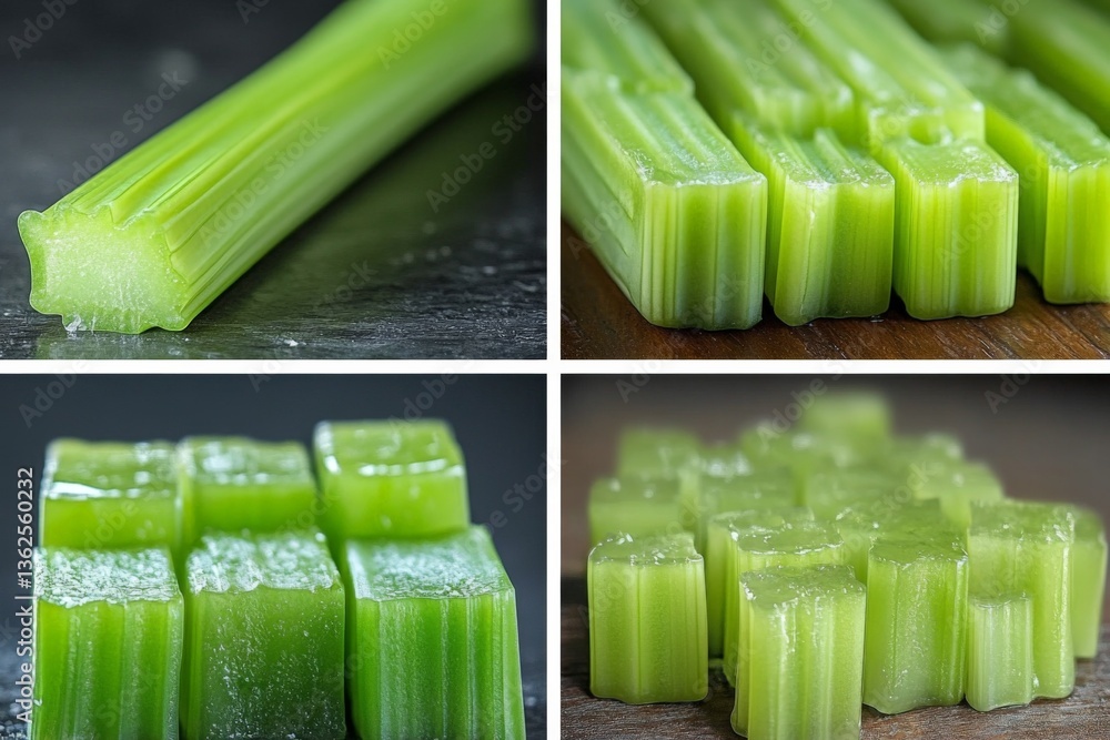 Aufkleber fresh green celery displayed in different cuts on black and wooden backgrounds