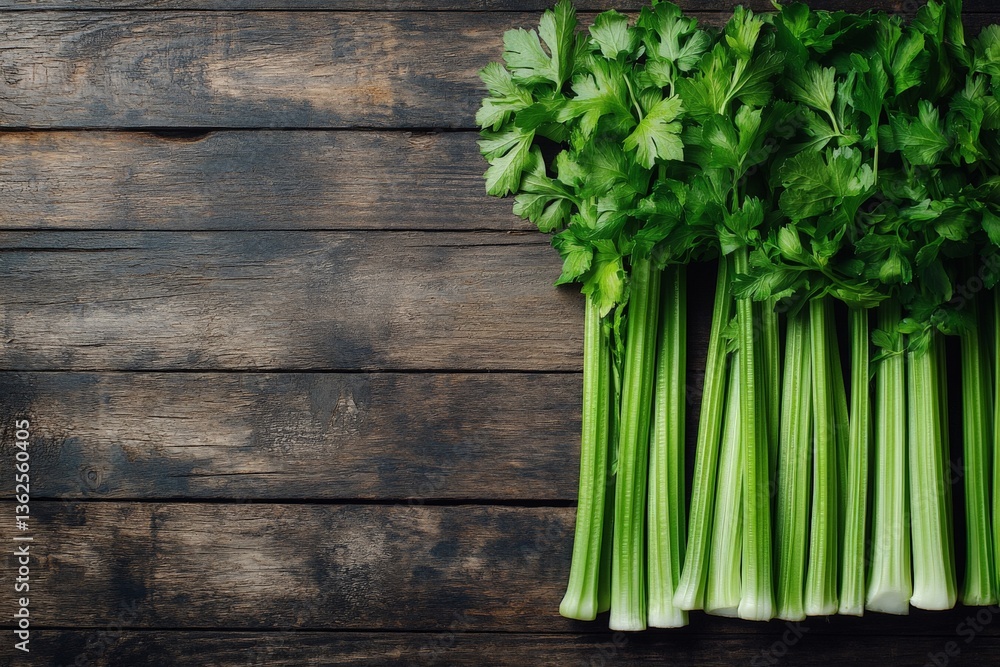 Poster fresh green celery stalks arranged on a rustic wooden surface perfect for healthy cooking and snacki