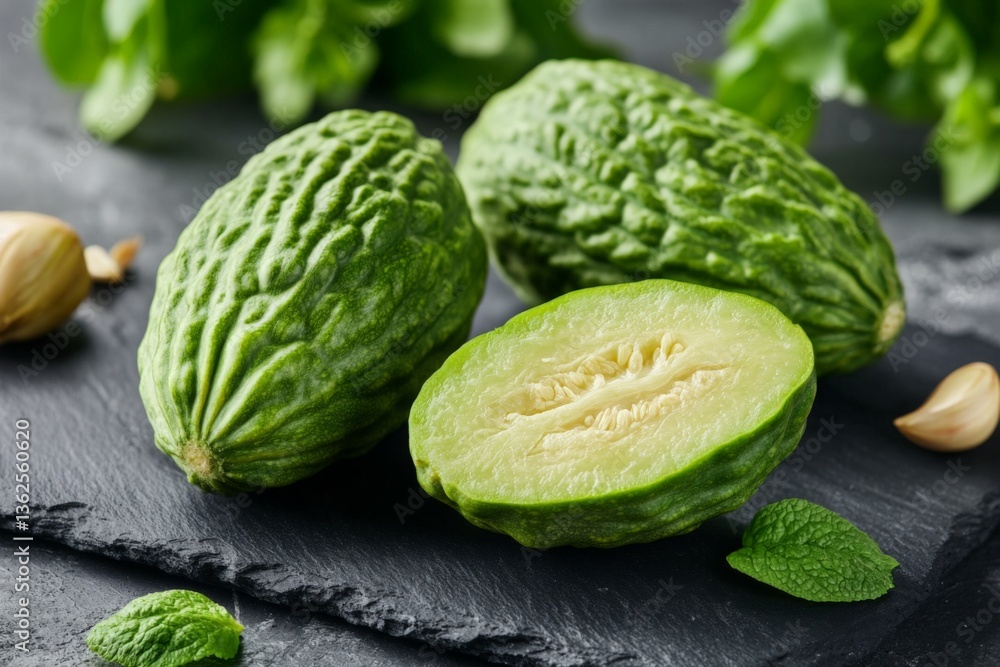 Aufkleber exotic bitter melons on slate background with fresh herbs and garlic displayed for culinary use and 