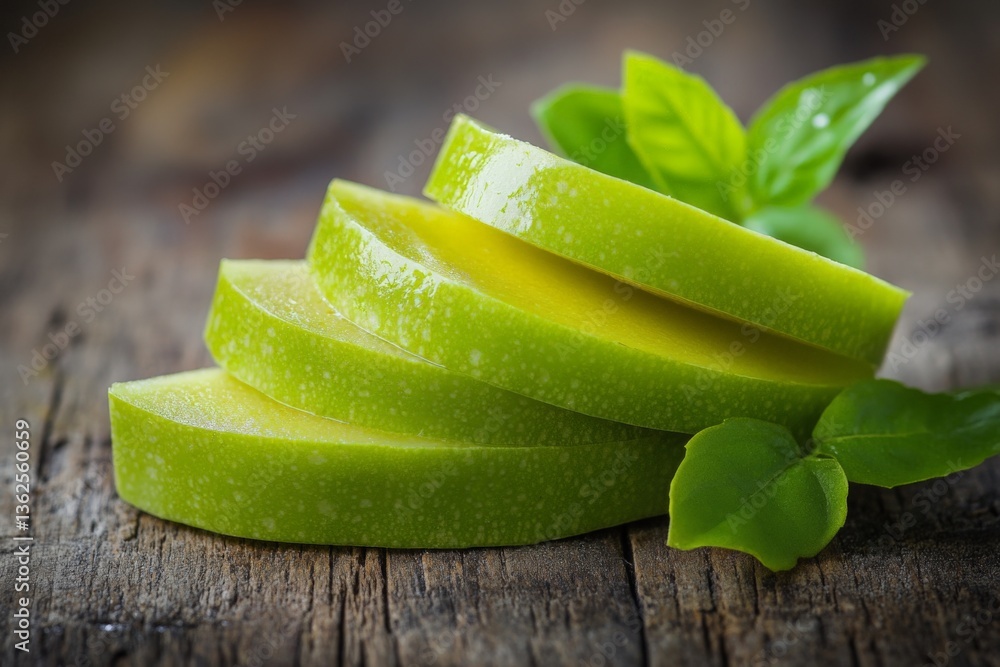 Poster fresh green apple slices arranged neatly on a wooden surface with basil leaves beside them