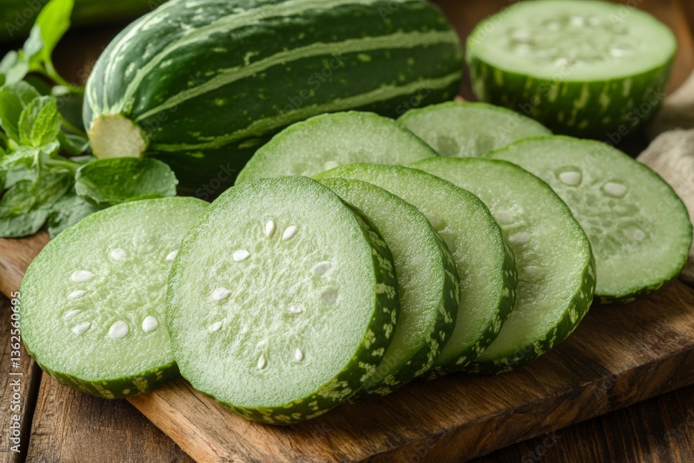 Poster freshly sliced cucumber on a wooden cutting board with whole cucumbers and mint leaves in a rustic k