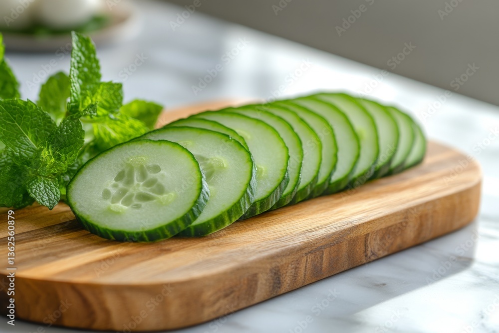 Poster sliced cucumbers arranged on a wooden cutting board with fresh mint leaves in a bright kitchen setti