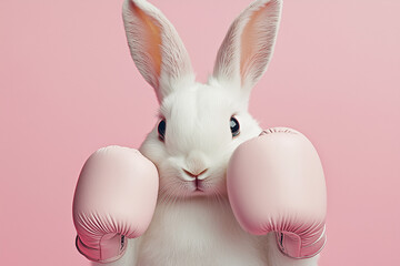 Close up of cute white rabbit wearing beige boxer's gloves. Minimal creative concept of squabble, sports, boxing, competing or fun Easter bunny. Monochromatic. Pastel pink background with copy space.