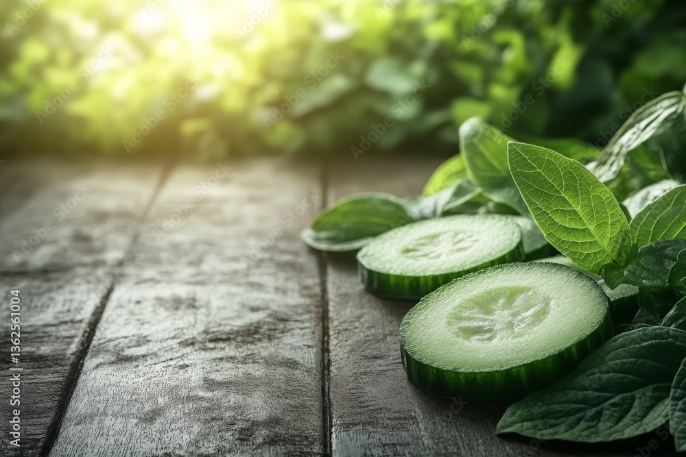 Poster Freshly sliced cucumbers and mint leaves arranged on a rustic wooden surface in a natural setting during daylight