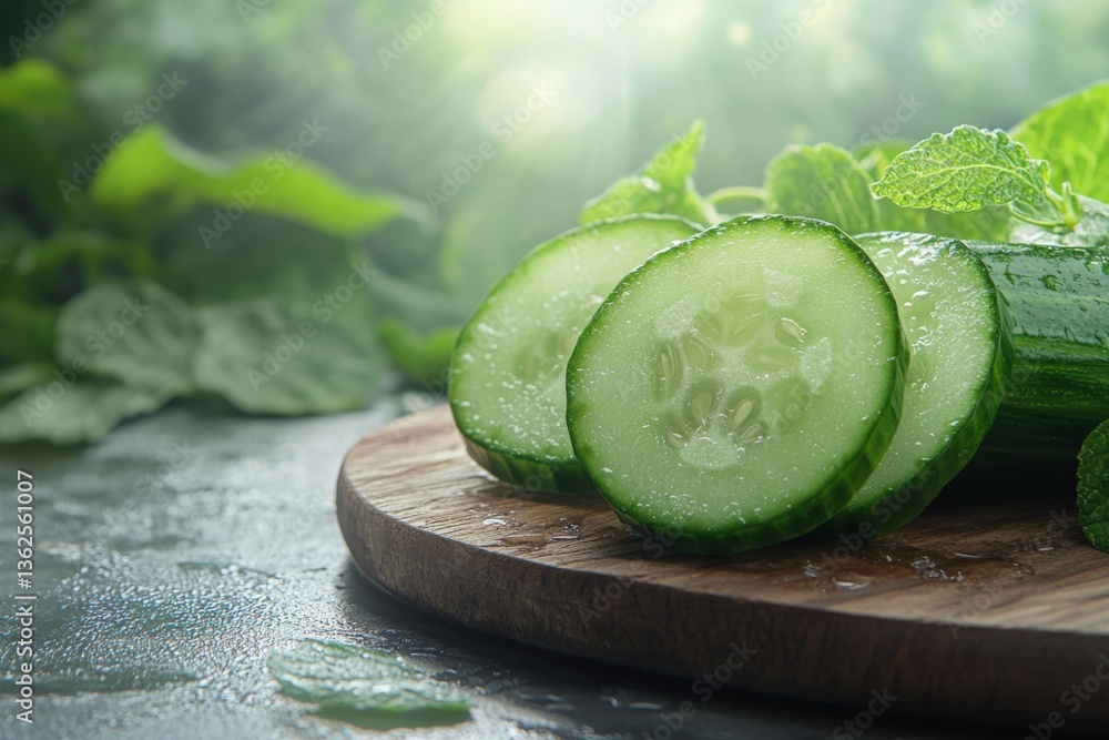 Poster freshly sliced cucumber with mint on a wooden board in a bright kitchen setting