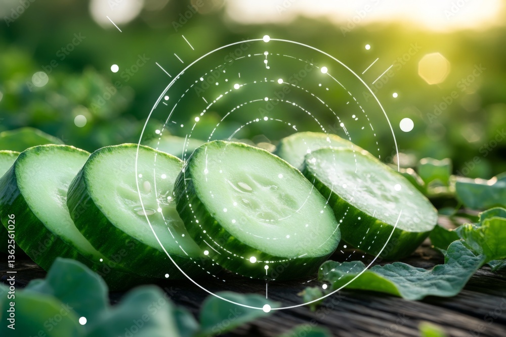 Poster freshly sliced cucumber rounds on wooden surface with sunlight filtering through green plants in the