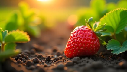 Harvesting Fresh Strawberries Under a Golden Sunset in a Lush Garden