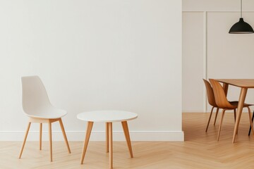 Minimalist Scandinavian interior design featuring a white chair and round table on a light wooden floor, creating a serene and modern ambiance