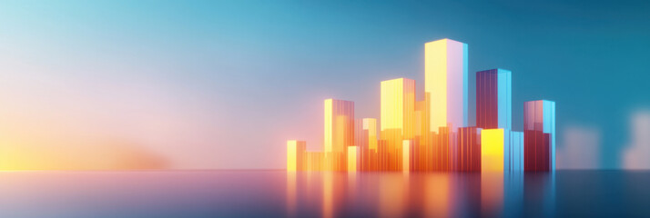 Fototapeta premium vibrant digital cityscape featuring tall, colorful skyscrapers reflecting light in serene atmosphere. warm hues create futuristic and inviting ambiance
