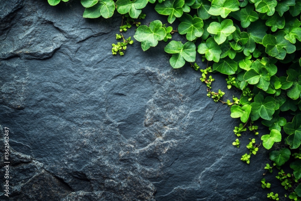 Aufkleber green ivy vines growing on a textured dark stone surface in a natural setting during daylight