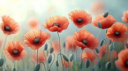 Obraz premium Delicate orange poppies dance in the soft light, evoking a sense of peace