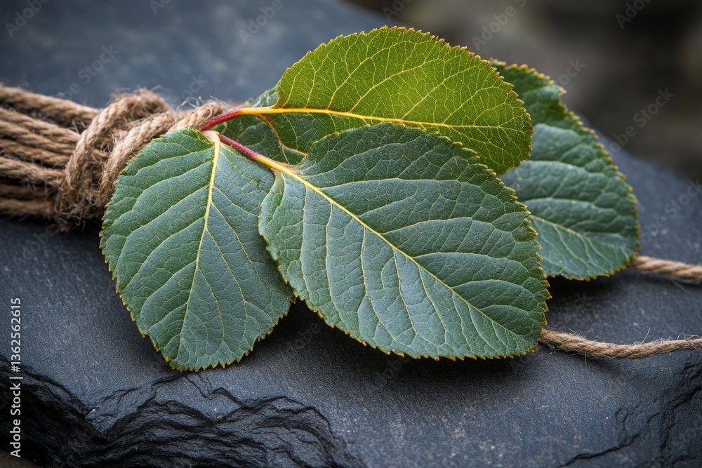 Poster Fresh green leaves arranged on a slate stone surface with natural twine in an artistic display in a serene setting