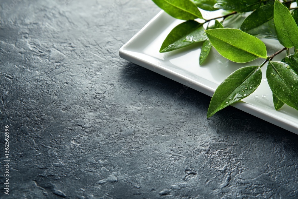 Poster fresh green leaves on a white plate resting on a textured dark background in a natural setting