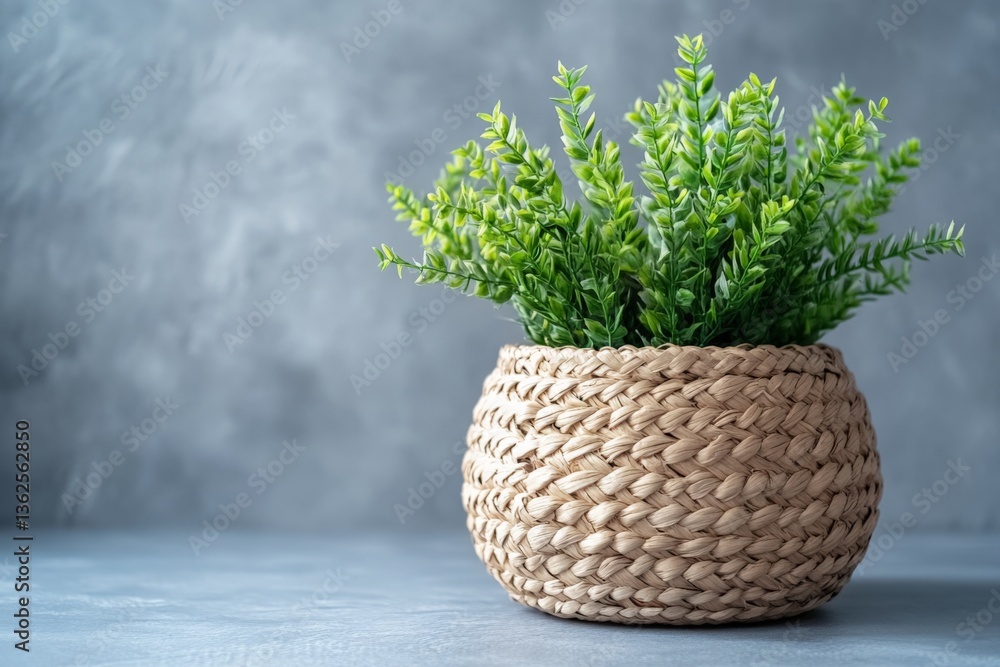 Poster decorative green plant in a woven basket placed on a smooth table surface with a textured background