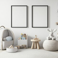 Minimalist nursery with frames, toys, and seating.