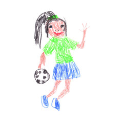 Ponytail hairstyle girl, coach, trainer. Jumps and waves her hand. Blue skirt, green t-shirt. Sport girl with soccer ball. Children's drawing style, scribbles. Colored pencils drawing. 