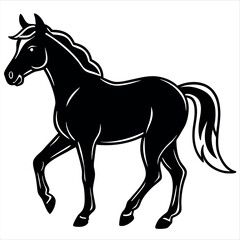 Obraz premium Black horse silhouette running in a wild nature, vector illustration of a galloping stallion with mane and tail.