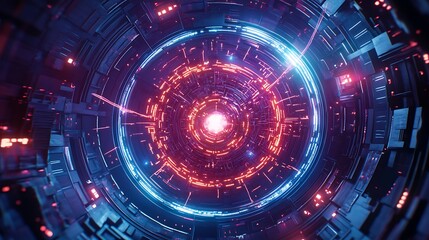 Obraz premium Abstract futuristic technology background. Neon lights, glowing circles, and digital elements.