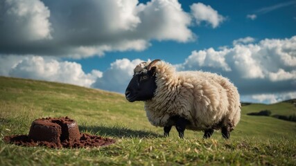 Fototapeta premium A sheep stands beside a mound of soil under a cloudy sky in a green field.