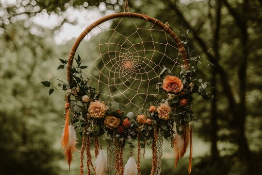 A beautifully crafted dreamcatcher adorned with flowers, hanging amidst a lush green background, capturing a serene, natural ambiance. - Powered by Adobe