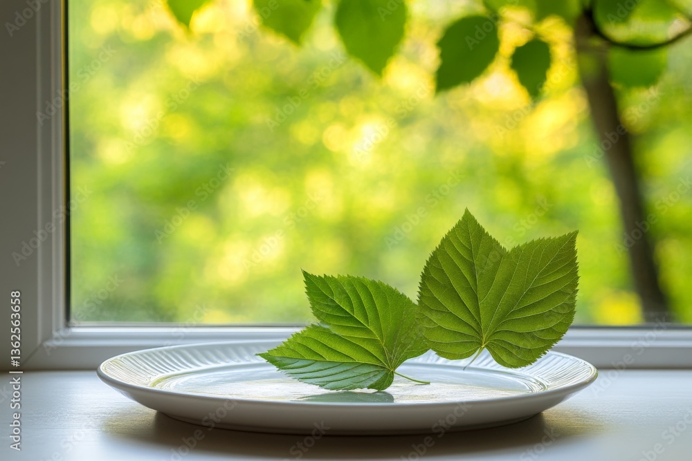 Poster fresh green leaves on a white plate with a blurry nature background creating a calm and serene atmos
