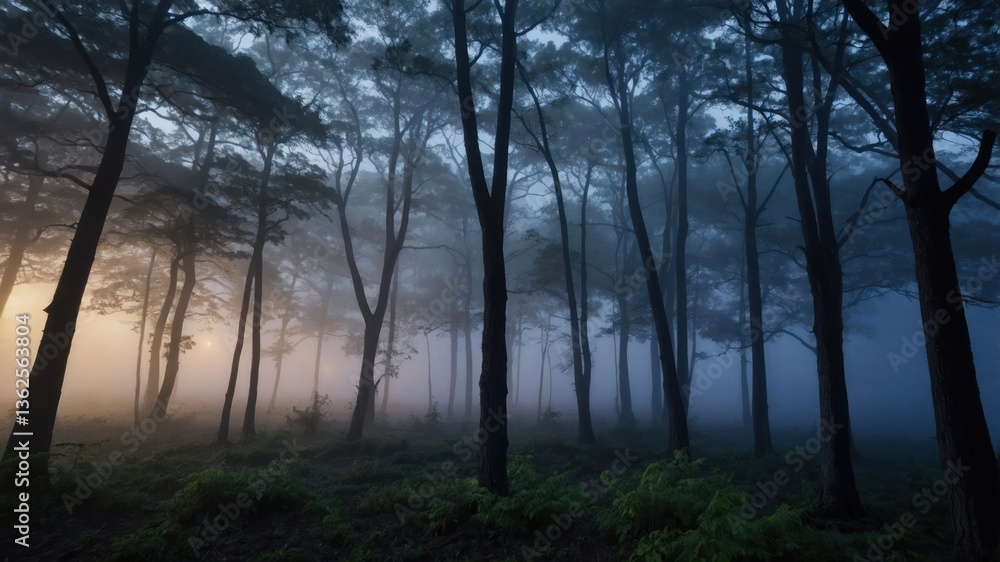 Poster a misty forest at dawn, with trees shrouded in fog and soft light filtering through.