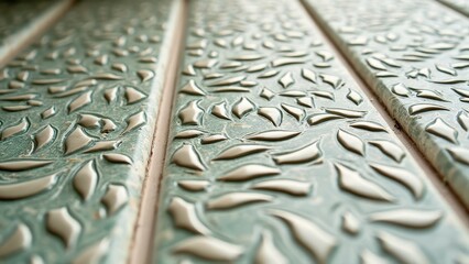 Intricate green ceramic tiles with leaf patterns in close-up